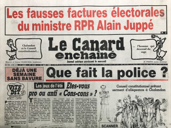 Couac ! | N° 3433 du Canard Enchaîné - 13 Août 1986 | Nos Exemplaires du Canard Enchaîné sont archivés dans de bonnes conditions de conservation (obscurité, hygrométrie maitrisée et faible température), ce qui s'avère indispensable pour des journaux anciens. | 3433