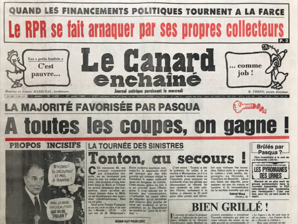 Couac ! | N° 3435 du Canard Enchaîné - 27 Août 1986 | Nos Exemplaires du Canard Enchaîné sont archivés dans de bonnes conditions de conservation (obscurité, hygrométrie maitrisée et faible température), ce qui s'avère indispensable pour des journaux anciens. | 3435