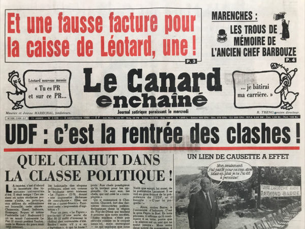 Couac ! | N° 3436 du Canard Enchaîné - 3 Septembre 1986 | Nos Exemplaires du Canard Enchaîné sont archivés dans de bonnes conditions de conservation (obscurité, hygrométrie maitrisée et faible température), ce qui s'avère indispensable pour des journaux anciens. | 3436