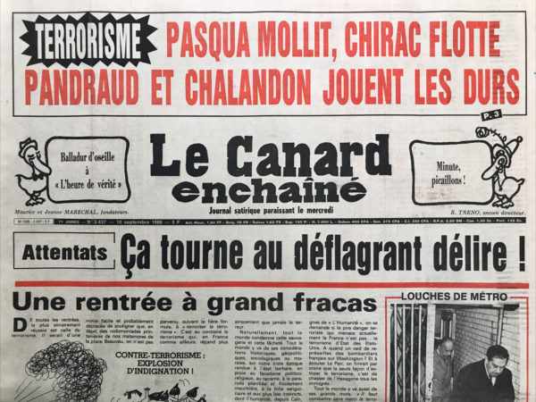 Couac ! | N° 3437 du Canard Enchaîné - 10 Septembre 1986 | Nos Exemplaires du Canard Enchaîné sont archivés dans de bonnes conditions de conservation (obscurité, hygrométrie maitrisée et faible température), ce qui s'avère indispensable pour des journaux anciens. | 3437