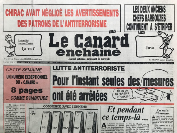 Couac ! | N° 3438 du Canard Enchaîné - 17 Septembre 1986 | Nos Exemplaires du Canard Enchaîné sont archivés dans de bonnes conditions de conservation (obscurité, hygrométrie maitrisée et faible température), ce qui s'avère indispensable pour des journaux anciens. | 3438