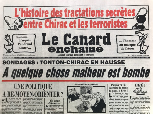 Couac ! | N° 3439 du Canard Enchaîné - 24 Septembre 1986 | Nos Exemplaires du Canard Enchaîné sont archivés dans de bonnes conditions de conservation (obscurité, hygrométrie maitrisée et faible température), ce qui s'avère indispensable pour des journaux anciens. | 3439