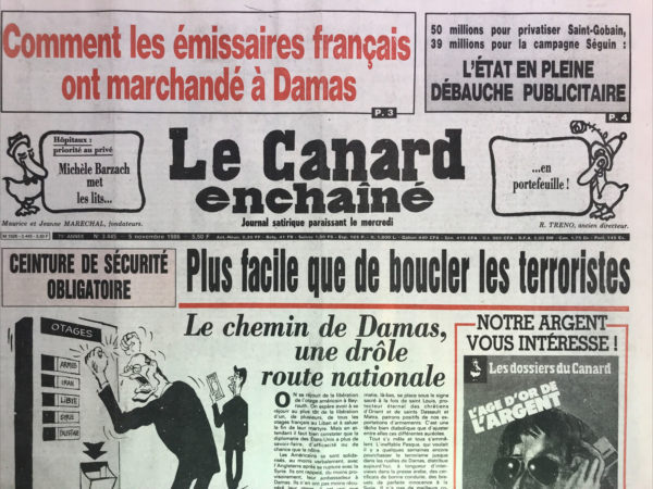 Couac ! | N° 3445 du Canard Enchaîné - 5 Novembre 1986 | Nos Exemplaires du Canard Enchaîné sont archivés dans de bonnes conditions de conservation (obscurité, hygrométrie maitrisée et faible température), ce qui s'avère indispensable pour des journaux anciens. | 3445