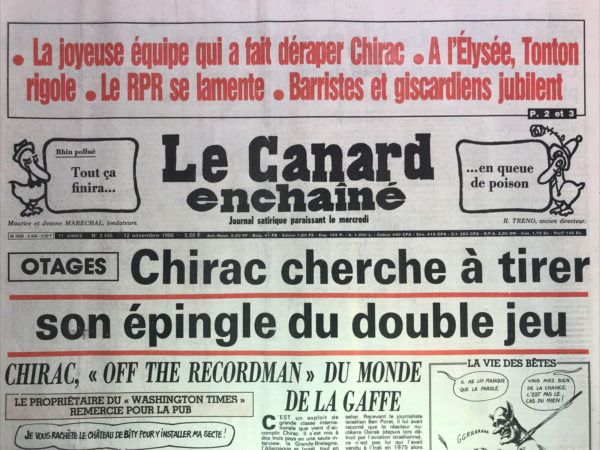 Couac ! | N° 3446 du Canard Enchaîné - 12 Novembre 1986 | Affaire du Carrefour du développement : Chalier au Brésil avec un visa de la maison Pasqua ? - Ses copains flics l'avaient envoyé au soleil retrouver une équipe d'extrême droite - | 3446