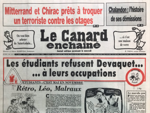 Couac ! | N° 3448 du Canard Enchaîné - 26 Novembre 1986 | Nos Exemplaires du Canard Enchaîné sont archivés dans de bonnes conditions de conservation (obscurité, hygrométrie maitrisée et faible température), ce qui s'avère indispensable pour des journaux anciens. | 3448