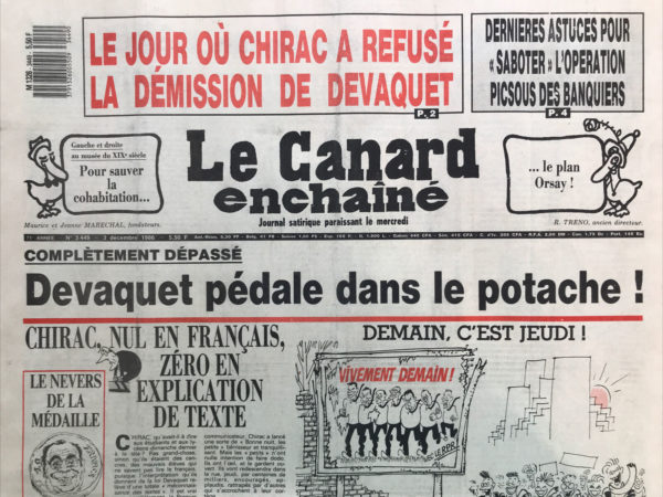 Couac ! | N° 3449 du Canard Enchaîné - 3 Décembre 1986 | Nos Exemplaires du Canard Enchaîné sont archivés dans de bonnes conditions de conservation (obscurité, hygrométrie maitrisée et faible température), ce qui s'avère indispensable pour des journaux anciens. | 3449