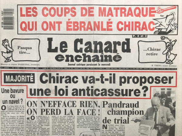 Couac ! | N° 3450 du Canard Enchaîné - 10 Décembre 1986 | Nos Exemplaires du Canard Enchaîné sont archivés dans de bonnes conditions de conservation (obscurité, hygrométrie maitrisée et faible température), ce qui s'avère indispensable pour des journaux anciens. | 3450