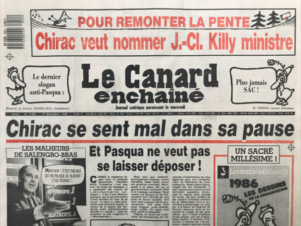 Couac ! | N° 3451 du Canard Enchaîné - 17 Décembre 1986 | Nos Exemplaires du Canard Enchaîné sont archivés dans de bonnes conditions de conservation (obscurité, hygrométrie maitrisée et faible température), ce qui s'avère indispensable pour des journaux anciens. | 3451