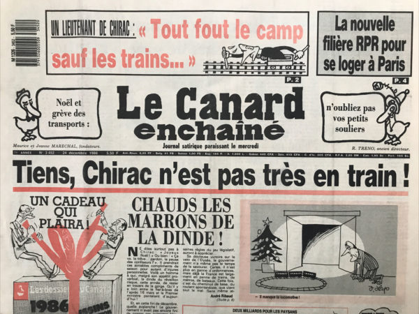 Couac ! | N° 3452 du Canard Enchaîné - 24 Décembre 1986 | Nos Exemplaires du Canard Enchaîné sont archivés dans de bonnes conditions de conservation (obscurité, hygrométrie maitrisée et faible température), ce qui s'avère indispensable pour des journaux anciens. | 3452