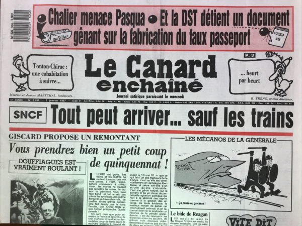 Couac ! | N° 3454 du Canard Enchaîné - 7 Janvier 1987 | Nos Exemplaires du Canard Enchaîné sont archivés dans de bonnes conditions de conservation (obscurité, hygrométrie maitrisée et faible température), ce qui s'avère indispensable pour des journaux anciens. | 3454