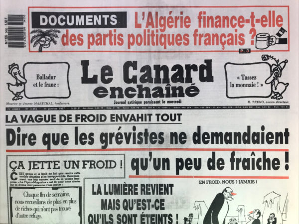 Couac ! | N° 3455 du Canard Enchaîné - 14 Janvier 1987 | Nos Exemplaires du Canard Enchaîné sont archivés dans de bonnes conditions de conservation (obscurité, hygrométrie maitrisée et faible température), ce qui s'avère indispensable pour des journaux anciens. | 3455