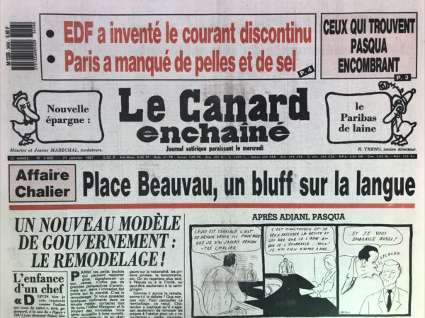 Couac ! | N° 3456 du Canard Enchaîné - 21 Janvier 1987 | Nos Exemplaires du Canard Enchaîné sont archivés dans de bonnes conditions de conservation (obscurité, hygrométrie maitrisée et faible température), ce qui s'avère indispensable pour des journaux anciens. | 3456