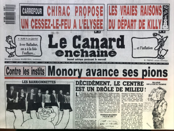 Couac ! | N° 3458 du Canard Enchaîné - 4 Février 1987 | Nos Exemplaires du Canard Enchaîné sont archivés dans de bonnes conditions de conservation (obscurité, hygrométrie maitrisée et faible température), ce qui s'avère indispensable pour des journaux anciens. | 3458