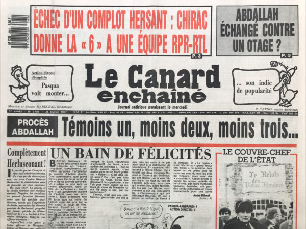 Couac ! | N° 3461 du Canard Enchaîné - 25 Février 1987 | Nos Exemplaires du Canard Enchaîné sont archivés dans de bonnes conditions de conservation (obscurité, hygrométrie maitrisée et faible température), ce qui s'avère indispensable pour des journaux anciens. | 3461