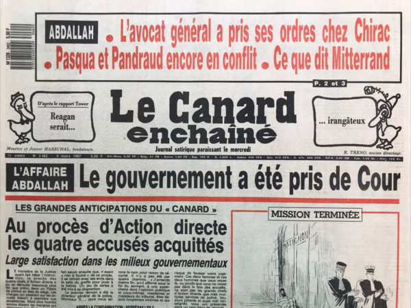 Couac ! | N° 3462 du Canard Enchaîné - 4 Mars 1987 | Nos Exemplaires du Canard Enchaîné sont archivés dans de bonnes conditions de conservation (obscurité, hygrométrie maitrisée et faible température), ce qui s'avère indispensable pour des journaux anciens. | 3462