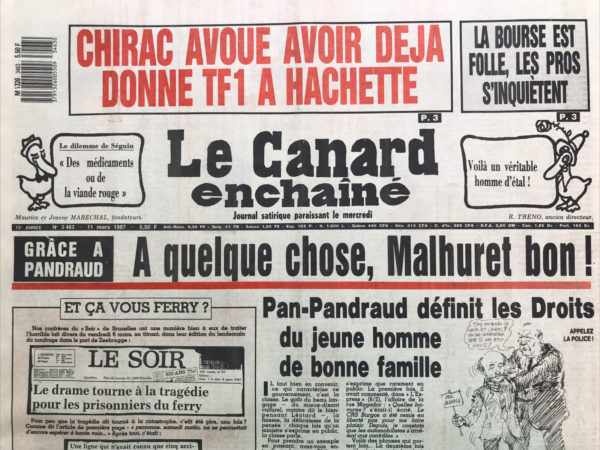 Couac ! | N° 3463 du Canard Enchaîné - 11 Mars 1987 | Nos Exemplaires du Canard Enchaîné sont archivés dans de bonnes conditions de conservation (obscurité, hygrométrie maitrisée et faible température), ce qui s'avère indispensable pour des journaux anciens. | 3463