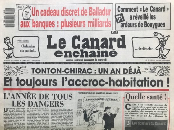 Couac ! | N° 3464 du Canard Enchaîné - 18 Mars 1987 | Nos Exemplaires du Canard Enchaîné sont archivés dans de bonnes conditions de conservation (obscurité, hygrométrie maitrisée et faible température), ce qui s'avère indispensable pour des journaux anciens. | 3464