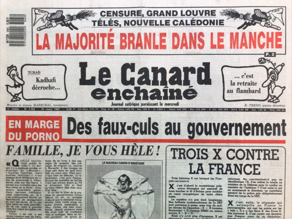 Couac ! | N° 3465 du Canard Enchaîné - 25 Mars 1987 | Nos Exemplaires du Canard Enchaîné sont archivés dans de bonnes conditions de conservation (obscurité, hygrométrie maitrisée et faible température), ce qui s'avère indispensable pour des journaux anciens. | 3465