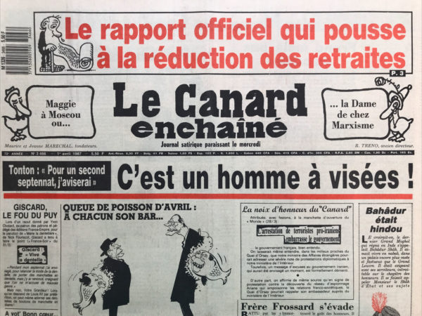 Couac ! | N° 3466 du Canard Enchaîné - 1 Avril 1987 | Nos Exemplaires du Canard Enchaîné sont archivés dans de bonnes conditions de conservation (obscurité, hygrométrie maitrisée et faible température), ce qui s'avère indispensable pour des journaux anciens. | 3466