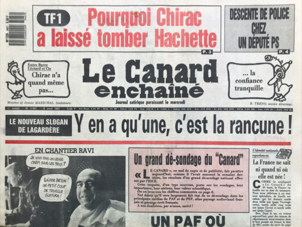 Couac ! | N° 3467 du Canard Enchaîné - 8 Avril 1987 | Nos Exemplaires du Canard Enchaîné sont archivés dans de bonnes conditions de conservation (obscurité, hygrométrie maitrisée et faible température), ce qui s'avère indispensable pour des journaux anciens. | 3467