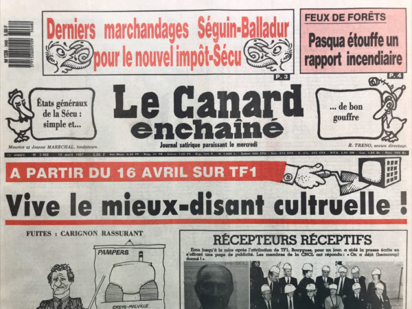 Couac ! | N° 3468 du Canard Enchaîné - 15 Avril 1987 | Nos Exemplaires du Canard Enchaîné sont archivés dans de bonnes conditions de conservation (obscurité, hygrométrie maitrisée et faible température), ce qui s'avère indispensable pour des journaux anciens. | 3468