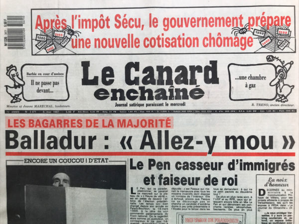 Couac ! | N° 3471 du Canard Enchaîné - 6 Mai 1987 | Nos Exemplaires du Canard Enchaîné sont archivés dans de bonnes conditions de conservation (obscurité, hygrométrie maitrisée et faible température), ce qui s'avère indispensable pour des journaux anciens. | 3471