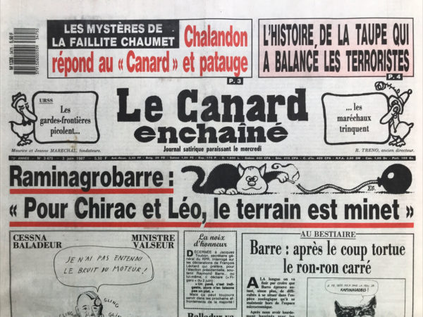 Couac ! | N° 3475 du Canard Enchaîné - 3 Juin 1987 | Nos Exemplaires du Canard Enchaîné sont archivés dans de bonnes conditions de conservation (obscurité, hygrométrie maitrisée et faible température), ce qui s'avère indispensable pour des journaux anciens. | 3475