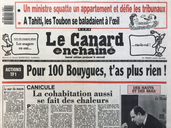 Couac ! | N° 3479 du Canard Enchaîné - 1 Juillet 1987 | Nos Exemplaires du Canard Enchaîné sont archivés dans de bonnes conditions de conservation (obscurité, hygrométrie maitrisée et faible température), ce qui s'avère indispensable pour des journaux anciens. | 3479