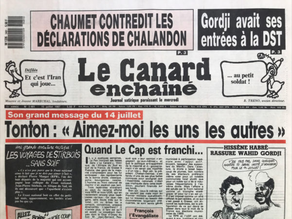 Couac ! | N° 3481 du Canard Enchaîné - 15 Juillet 1987 | Nos Exemplaires du Canard Enchaîné sont archivés dans de bonnes conditions de conservation (obscurité, hygrométrie maitrisée et faible température), ce qui s'avère indispensable pour des journaux anciens. | 3481