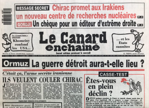 Couac ! | N° 3484 du Canard Enchaîné - 5 Août 1987 | Nos Exemplaires du Canard Enchaîné sont archivés dans de bonnes conditions de conservation (obscurité, hygrométrie maitrisée et faible température), ce qui s'avère indispensable pour des journaux anciens. | 3484