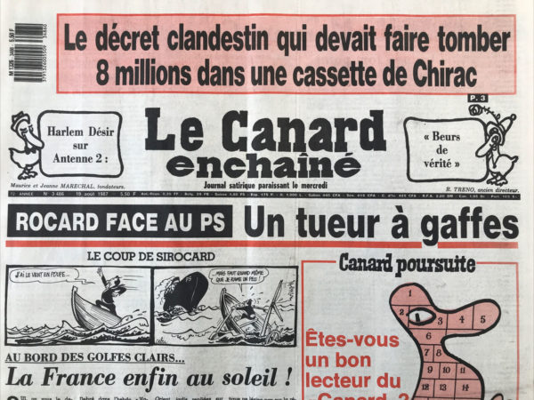 Couac ! | N° 3486 du Canard Enchaîné - 19 Août 1987 | Nos Exemplaires du Canard Enchaîné sont archivés dans de bonnes conditions de conservation (obscurité, hygrométrie maitrisée et faible température), ce qui s'avère indispensable pour des journaux anciens. | 3486