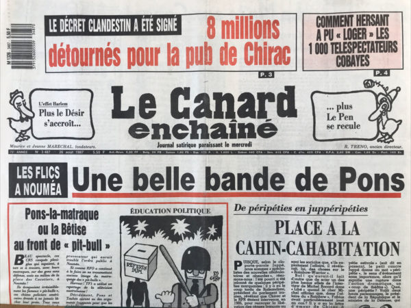 Couac ! | N° 3487 du Canard Enchaîné - 26 Août 1987 | Nos Exemplaires du Canard Enchaîné sont archivés dans de bonnes conditions de conservation (obscurité, hygrométrie maitrisée et faible température), ce qui s'avère indispensable pour des journaux anciens. | 3487