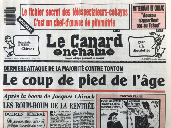 Couac ! | N° 3488 du Canard Enchaîné - 2 Septembre 1987 | Nos Exemplaires du Canard Enchaîné sont archivés dans de bonnes conditions de conservation (obscurité, hygrométrie maitrisée et faible température), ce qui s'avère indispensable pour des journaux anciens. | 3488