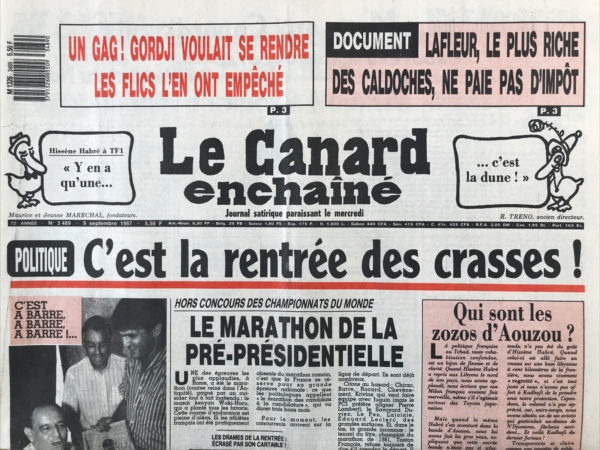 Couac ! | N° 3489 du Canard Enchaîné - 9 Septembre 1987 | Politique : c'est la rentrée des crasses ! - Document : Lafleur, le plus riche des Caldoches, ne paie pas d'impôts - "Le Canard révèle que ce dernier, actionnaire de 21 sociétés locales, n'a pas payé d'impôt sur le revenu pour l'année 1985, alors même qu'il déclarait pour la même période 1 million de francs de dividende, qui en vertu de dispositions fiscales locales n'étaient pas fiscalisées. Il fait condamner en première instance le journal à 8 000 FRF de dommages-intérêts au nom de l’atteinte à sa vie privée. Le journal fait appel, le marathon juridique dure six ans. La Cour de cassation estime une première fois que « le respect dû à la vie privée de chacun n'est pas atteint par la publication de renseignements d'ordre purement patrimonial. » Lafleur contre-attaque en vain. À l'été 1993, la cour d'appel de Versailles le condamne à verser 10 000 FRF au journal et à payer les dépens du procès au motif que « les électeurs d'un homme politique sont en droit d'être informé de tout ce qui concerne leur élu, pour leur permettre de conserver à son égard la confiance qu'ils ont mise en lui pour gérer la chose publique. »" - source Wikipedia - | 3489