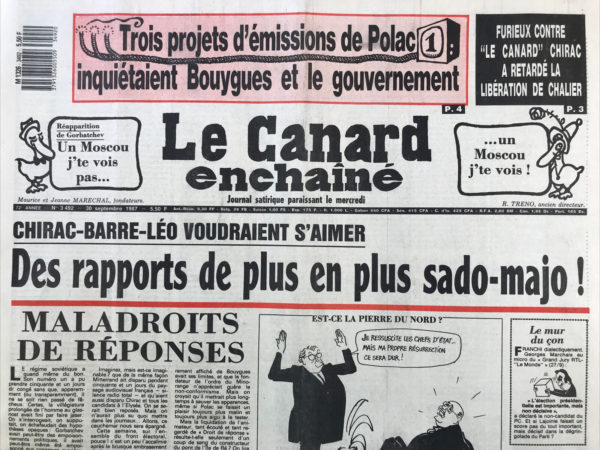 Couac ! | N° 3492 du Canard Enchaîné - 30 Septembre 1987 | Nos Exemplaires du Canard Enchaîné sont archivés dans de bonnes conditions de conservation (obscurité, hygrométrie maitrisée et faible température), ce qui s'avère indispensable pour des journaux anciens. | 3492