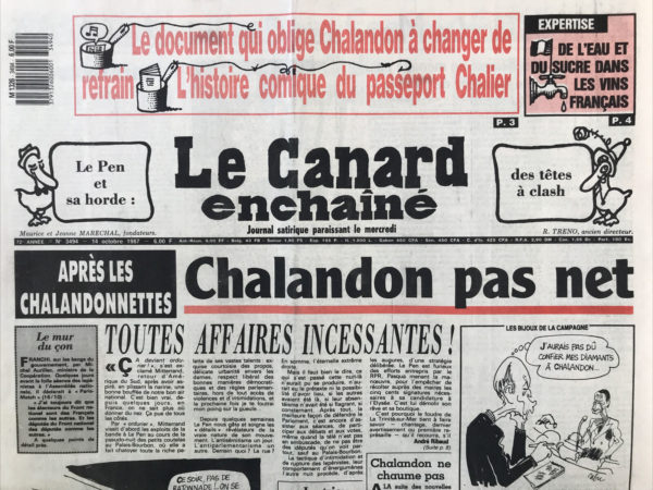 Couac ! | N° 3494 du Canard Enchaîné - 14 Octobre 1987 | Nos Exemplaires du Canard Enchaîné sont archivés dans de bonnes conditions de conservation (obscurité, hygrométrie maitrisée et faible température), ce qui s'avère indispensable pour des journaux anciens. | 3494