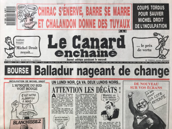 Couac ! | N° 3496 du Canard Enchaîné - 28 Octobre 1987 | Nos Exemplaires du Canard Enchaîné sont archivés dans de bonnes conditions de conservation (obscurité, hygrométrie maitrisée et faible température), ce qui s'avère indispensable pour des journaux anciens. | 3496