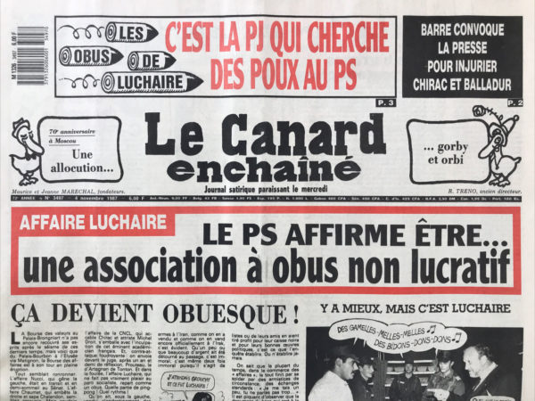 Couac ! | N° 3497 du Canard Enchaîné - 4 Novembre 1987 | Nos Exemplaires du Canard Enchaîné sont archivés dans de bonnes conditions de conservation (obscurité, hygrométrie maitrisée et faible température), ce qui s'avère indispensable pour des journaux anciens. | 3497