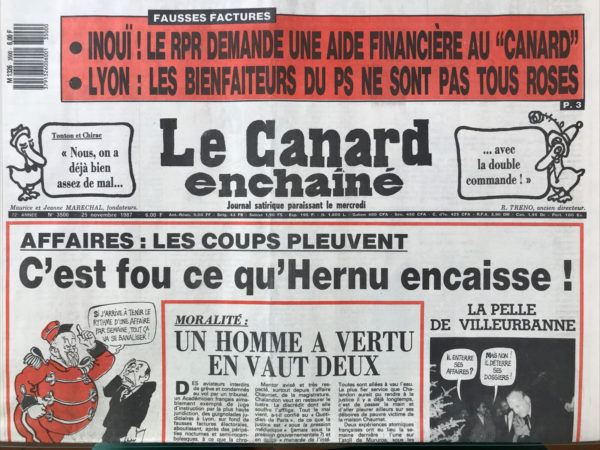 Couac ! | N° 3500 du Canard Enchaîné - 25 Novembre 1987 | Nos Exemplaires du Canard Enchaîné sont archivés dans de bonnes conditions de conservation (obscurité, hygrométrie maitrisée et faible température), ce qui s'avère indispensable pour des journaux anciens. | 3500