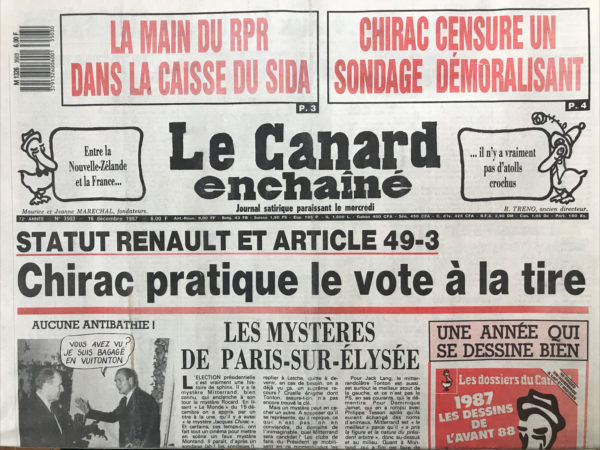 Couac ! | N° 3503 du Canard Enchaîné - 16 Décembre 1987 | Nos Exemplaires du Canard Enchaîné sont archivés dans de bonnes conditions de conservation (obscurité, hygrométrie maitrisée et faible température), ce qui s'avère indispensable pour des journaux anciens. | 3503