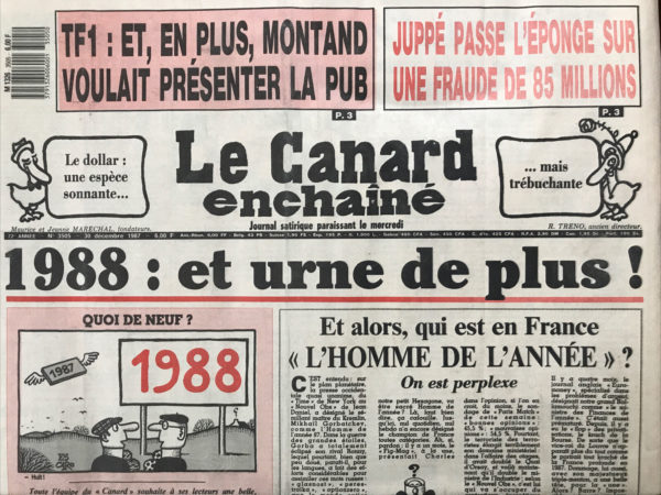 Couac ! | N° 3505 du Canard Enchaîné - 30 Décembre 1987 | Nos Exemplaires du Canard Enchaîné sont archivés dans de bonnes conditions de conservation (obscurité, hygrométrie maitrisée et faible température), ce qui s'avère indispensable pour des journaux anciens. | 3505