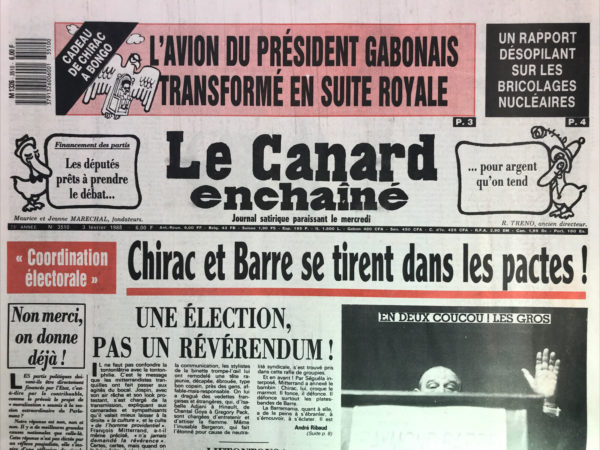 Couac ! | N° 3510 du Canard Enchaîné - 3 Février 1988 | Nos Exemplaires du Canard Enchaîné sont archivés dans de bonnes conditions de conservation (obscurité, hygrométrie maitrisée et faible température), ce qui s'avère indispensable pour des journaux anciens. | 3510