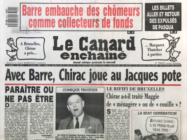 Couac ! | N° 3512 du Canard Enchaîné - 17 Février 1988 | Nos Exemplaires du Canard Enchaîné sont archivés dans de bonnes conditions de conservation (obscurité, hygrométrie maitrisée et faible température), ce qui s'avère indispensable pour des journaux anciens. | 3512