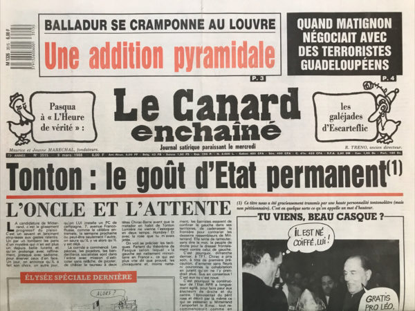 Couac ! | N° 3515 du Canard Enchaîné - 9 Mars 1988 | Nos Exemplaires du Canard Enchaîné sont archivés dans de bonnes conditions de conservation (obscurité, hygrométrie maitrisée et faible température), ce qui s'avère indispensable pour des journaux anciens. | 3515