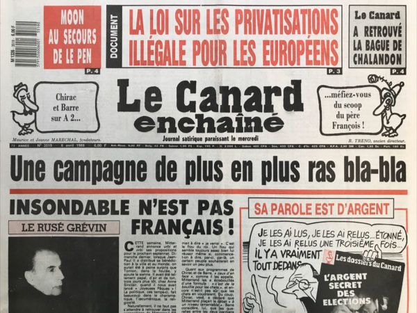 Couac ! | N° 3519 du Canard Enchaîné - 6 Avril 1988 | Nos Exemplaires du Canard Enchaîné sont archivés dans de bonnes conditions de conservation (obscurité, hygrométrie maitrisée et faible température), ce qui s'avère indispensable pour des journaux anciens. | 3519