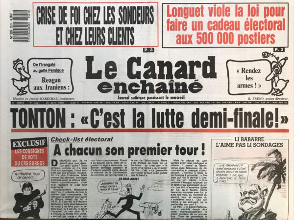 Couac ! | N° 3521 du Canard Enchaîné - 20 Avril 1988 | Nos Exemplaires du Canard Enchaîné sont archivés dans de bonnes conditions de conservation (obscurité, hygrométrie maitrisée et faible température), ce qui s'avère indispensable pour des journaux anciens. | 3521