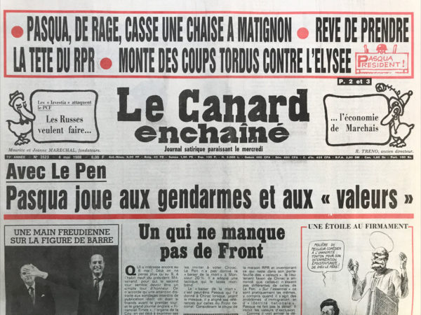 Couac ! | N° 3523 du Canard Enchaîné - 4 Mai 1988 | Nos Exemplaires du Canard Enchaîné sont archivés dans de bonnes conditions de conservation (obscurité, hygrométrie maitrisée et faible température), ce qui s'avère indispensable pour des journaux anciens. | 3523