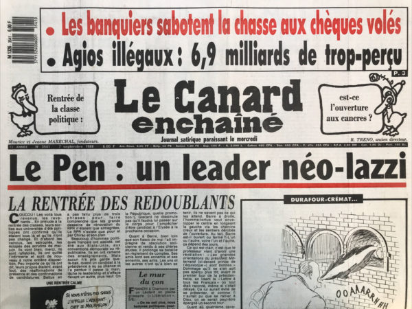 Couac ! | N° 3541 du Canard Enchaîné - 7 Septembre 1988 | Nos Exemplaires du Canard Enchaîné sont archivés dans de bonnes conditions de conservation (obscurité, hygrométrie maitrisée et faible température), ce qui s'avère indispensable pour des journaux anciens. | 3541