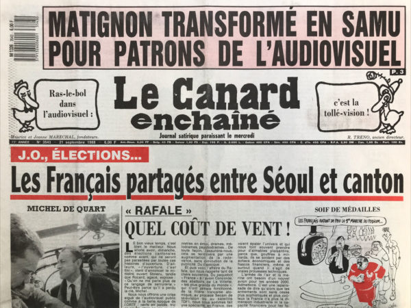 Couac ! | N° 3543 du Canard Enchaîné - 21 Septembre 1988 | Nos Exemplaires du Canard Enchaîné sont archivés dans de bonnes conditions de conservation (obscurité, hygrométrie maitrisée et faible température), ce qui s'avère indispensable pour des journaux anciens. | 3543