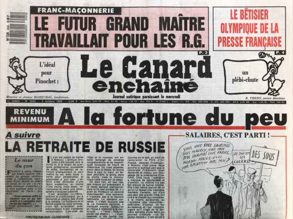 Couac ! | N° 3545 du Canard Enchaîné - 5 Octobre 1988 | Nos Exemplaires du Canard Enchaîné sont archivés dans de bonnes conditions de conservation (obscurité, hygrométrie maitrisée et faible température), ce qui s'avère indispensable pour des journaux anciens. | 3545